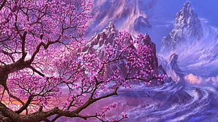 pink leafed tree digital wallpaper, fantasy art, trees, mountains