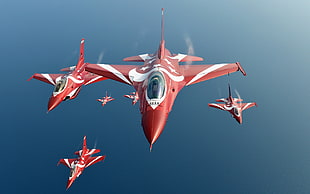 five red jet planes