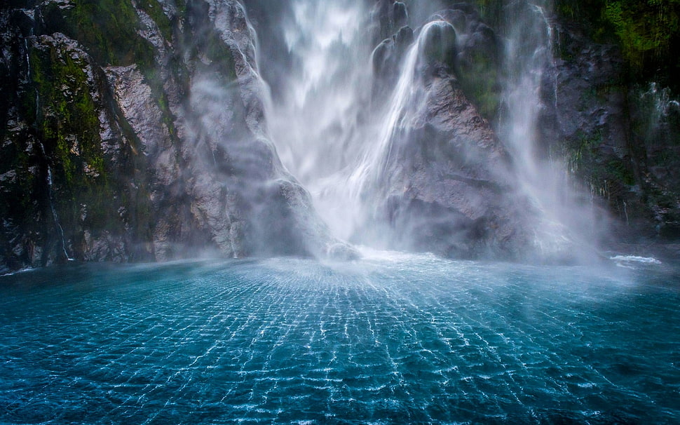 waterfalls and rock formation, landscape, waterfall, mountains, moss HD wallpaper
