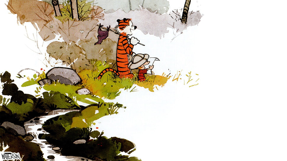tiger standing near boy painting, Calvin and Hobbes, comics, exploration HD wallpaper
