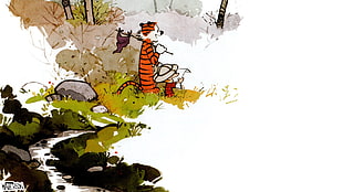 tiger standing near boy painting, Calvin and Hobbes, comics, exploration