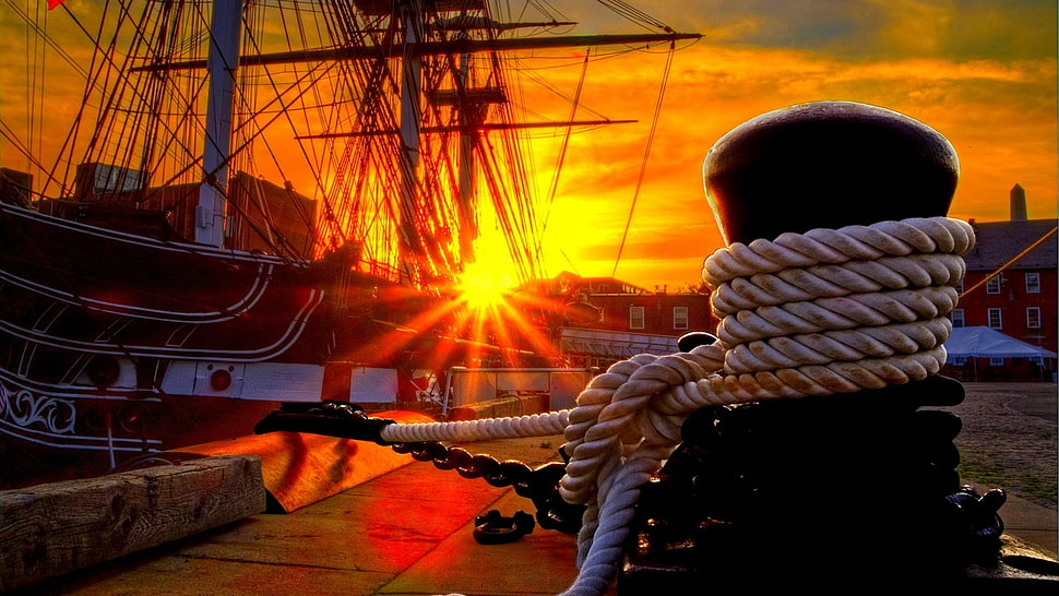 brown rope, ship, sailing ship, Sun, sun rays HD wallpaper