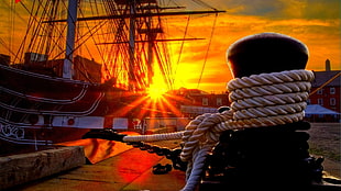 brown rope, ship, sailing ship, Sun, sun rays HD wallpaper