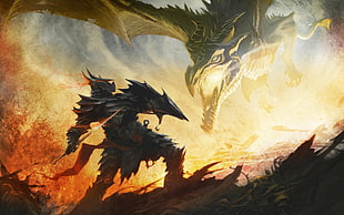 green dragon and black and brown warrior illustration