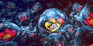 red and yellow petaled flower inside bubbles digital wallpaper, fractal, Apophysis, flowers, digital art HD wallpaper