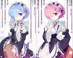 blue haired maid anime character, cleavage, maid, Ram (Re:Zero), Rem (Re: Zero) HD wallpaper