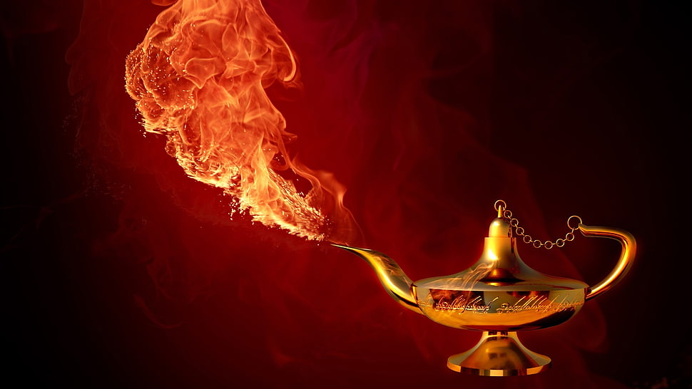 brass oil lamp with fire graphic art HD wallpaper