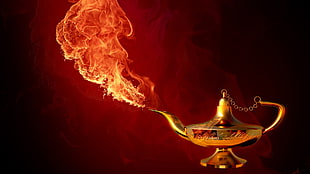 brass oil lamp with fire graphic art