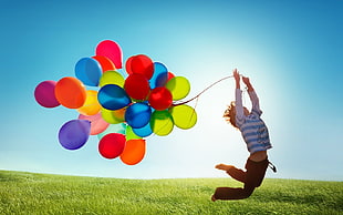 assorted-color balloons, balloon, jumping HD wallpaper