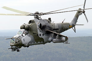 green and gray 7358 helicopter, mi 24 hind, helicopters, military