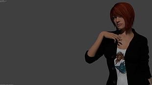female character with red short hair wearing black suit jacket digital wallpaper, CGI, 3D