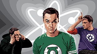 men's green and white crew-neck top illustration, Sheldon Cooper, The Big Bang Theory, TV