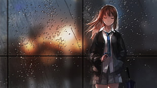 female anime character wearing black and white school uniform leaning on glass window