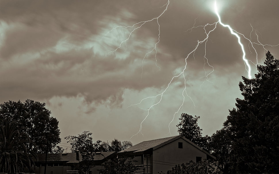white and black concrete building, nature, lightning, storm, clouds HD wallpaper