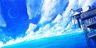 white clouds painting, anime, water, sky, clouds