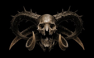 skull illustration, digital art, creature, skull, horns HD wallpaper
