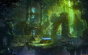 gray and green castle digital wallpaper, fantasy art, spooky, temple, jungle