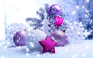 purple and white bauble balls, Christmas, New Year, sparkles, Christmas ornaments  HD wallpaper