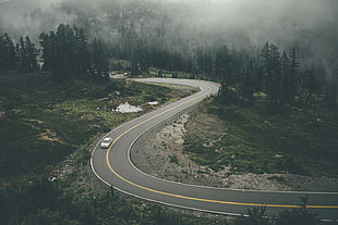 gray road, car, mountains, landscape, road