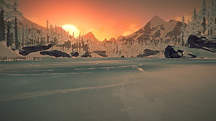 snow mountains during sunset, The Long Dark, video games, sunset, winter