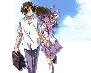 male anime character holding the hand of purple haired female anime in uniform