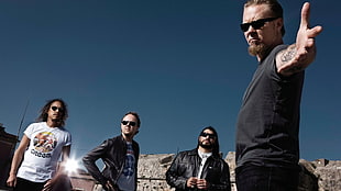 men's black and white jacket, Metallica , men, tattoo, sunglasses