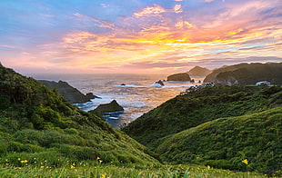 green mountains, landscape, nature, coast, sunset HD wallpaper