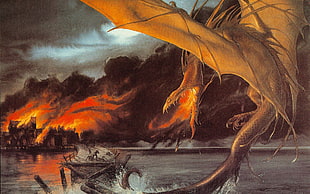 orange dragon illustration, The Hobbit, Smaug, dragon, fantasy art