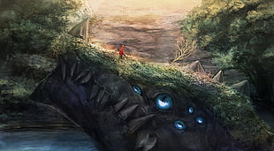 person wearing red shirt standing on monster head illustration, fantasy art, creature, artwork