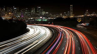timelapse photo of road beside building, light trails, road, cityscape, long exposure
