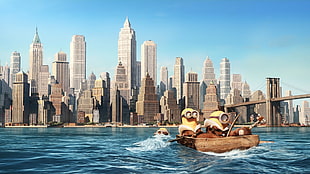 Minions riding boat illustration, minions, humor HD wallpaper