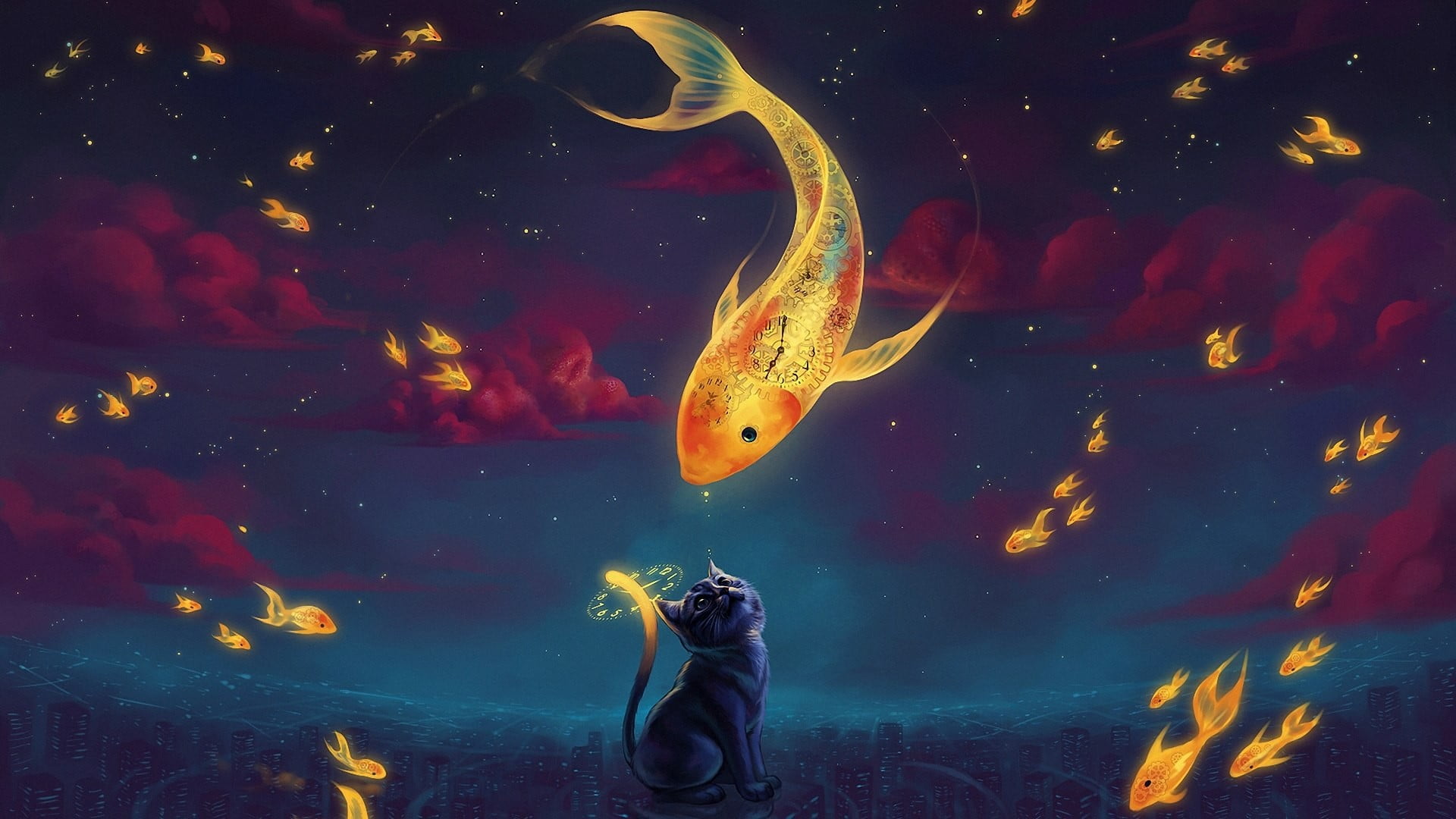 fish and cat 3D wallpaper