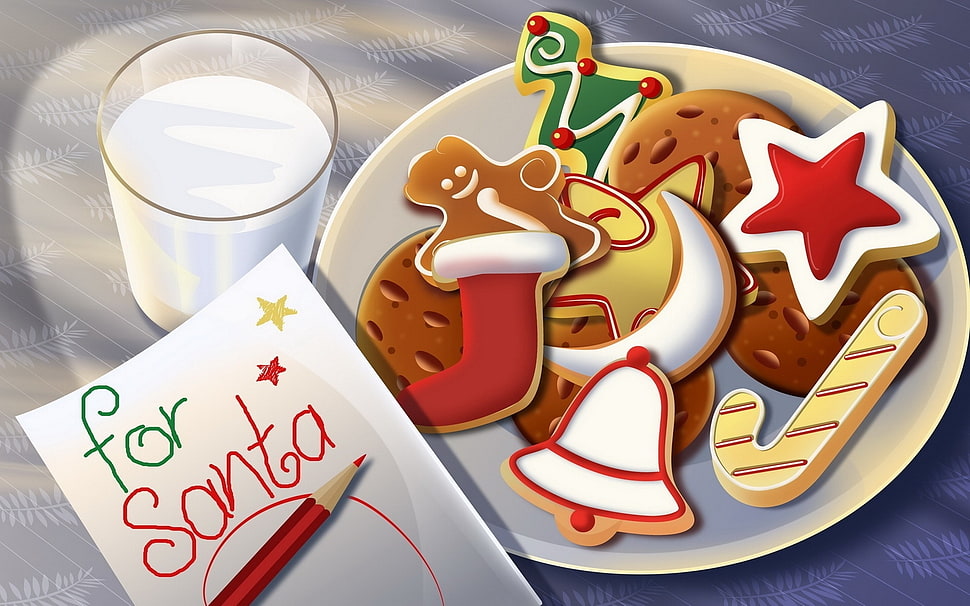 Christmas ornament biscuits on plate and a letter for Santa on gray surface HD wallpaper