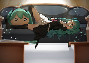 teal haired female anime illustration, aqua eyes, aqua hair, couch, Hatsune Miku