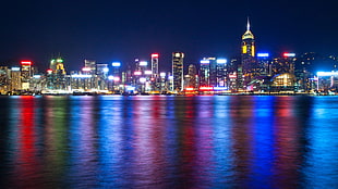 high-rise building, city, Hong Kong, night, cityscape
