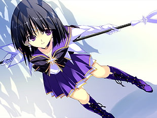 anime woman character wearing purple dress illustration