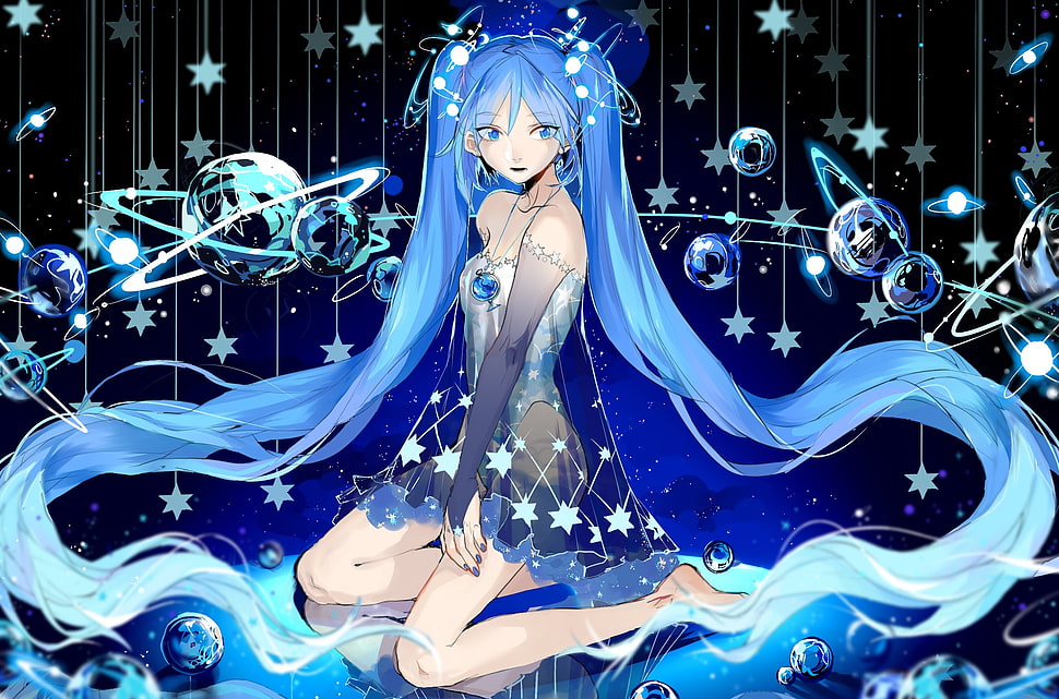blue haired Hatsune Miku, Vocaloid, Hatsune Miku, stars, twintails HD wallpaper