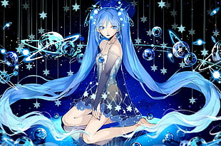 blue haired Hatsune Miku, Vocaloid, Hatsune Miku, stars, twintails