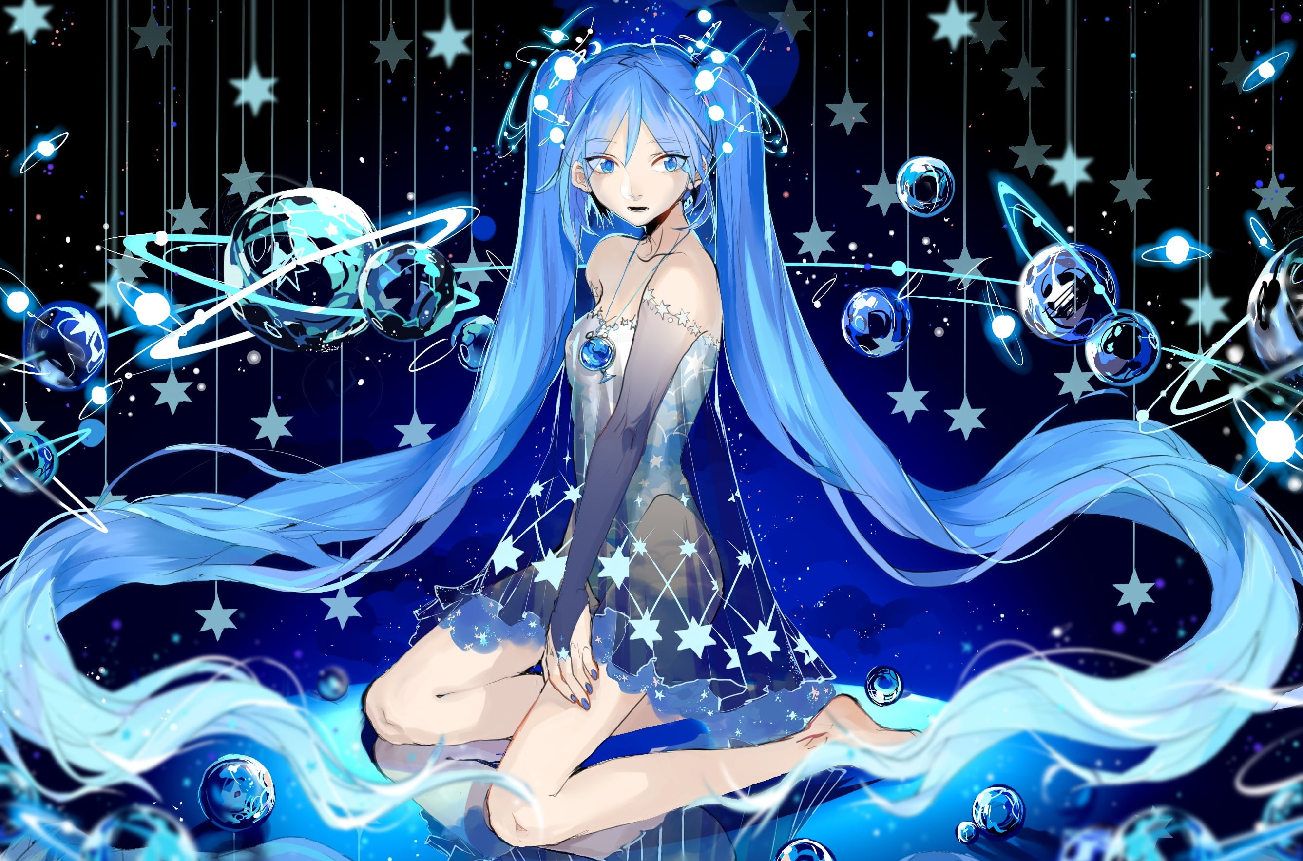 blue haired Hatsune Miku, Vocaloid, Hatsune Miku, stars, twintails