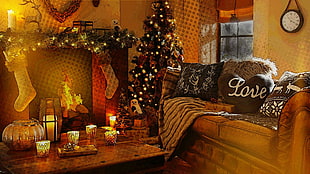 Christmas tree, sofa, fireplace and coffee table, fireplace, lights, trees, fire
