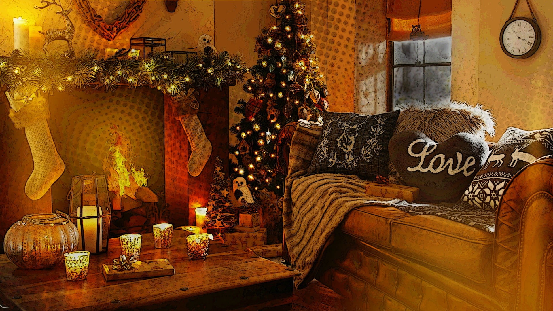Christmas tree, sofa, fireplace and coffee table, fireplace, lights, trees, fire