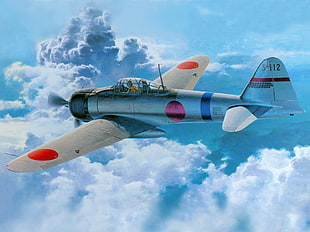 blue and white plane photo, Japan, World War II, Zero, Mitsubishi
