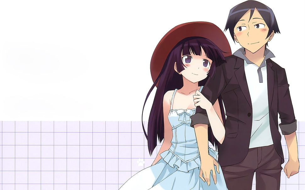 purple haired female anime character standing beside man smiling HD wallpaper