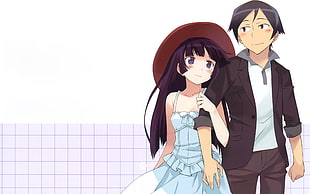 purple haired female anime character standing beside man smiling
