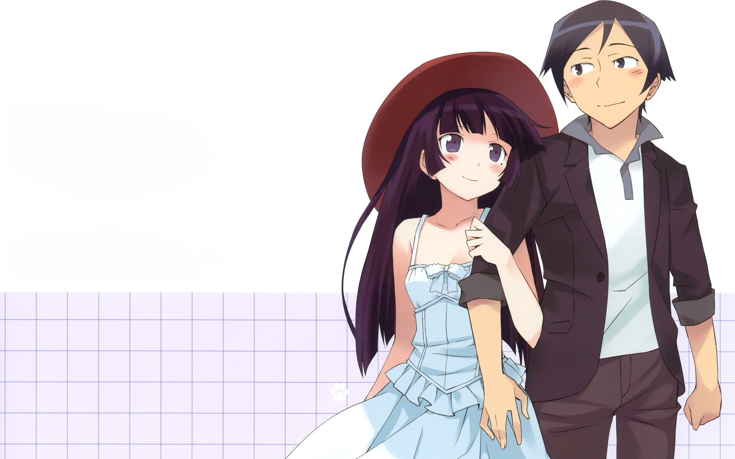 Purple haired female anime character standing beside man smiling HD  wallpaper | Wallpaper Flare