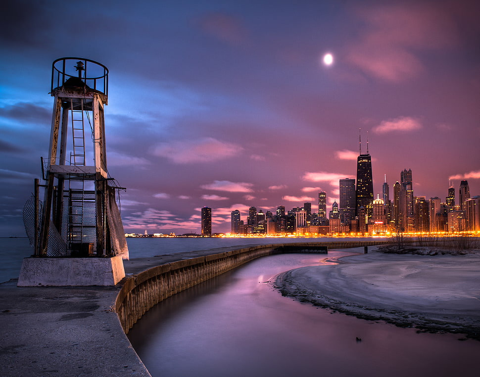 gray metal watch tower and high rise building during dawn, chicago HD wallpaper