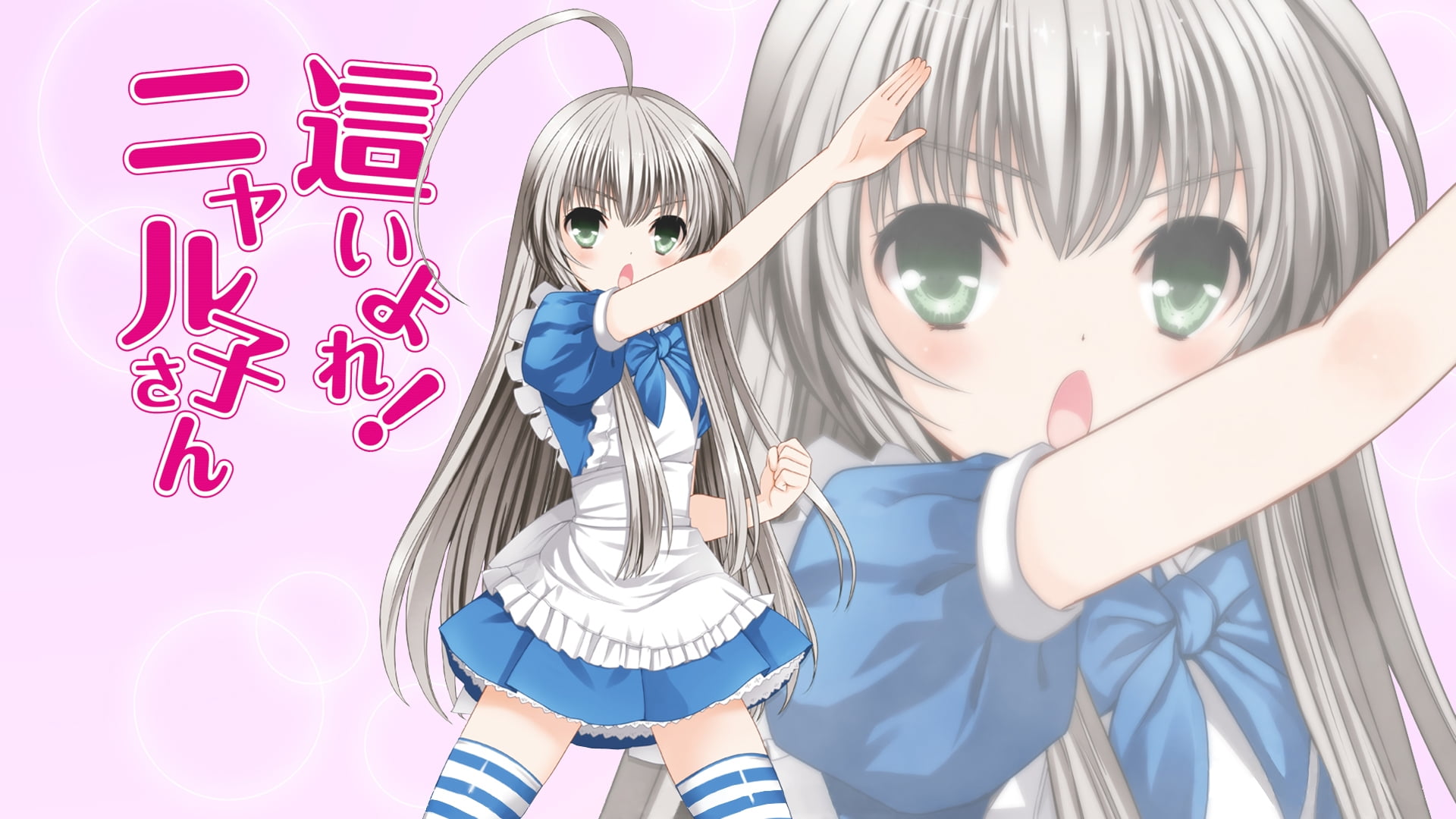 gray-haired female anime character with blue and white maid suit