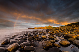 panograma photography of rock groynes and rainbow range view during golden hour, dunstanburgh HD wallpaper
