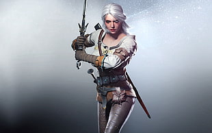 white haired with white and brown suit female holding sword