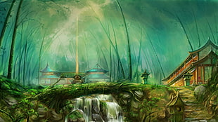 waterfalls near temples landscape painting, fantasy art, forest, temple, river